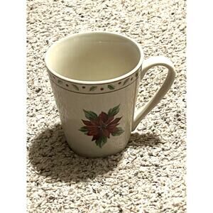 Merry Brite COFFEE MUG  MBT1  Christmas Holly Trees Poinsettia Replacement Vtg